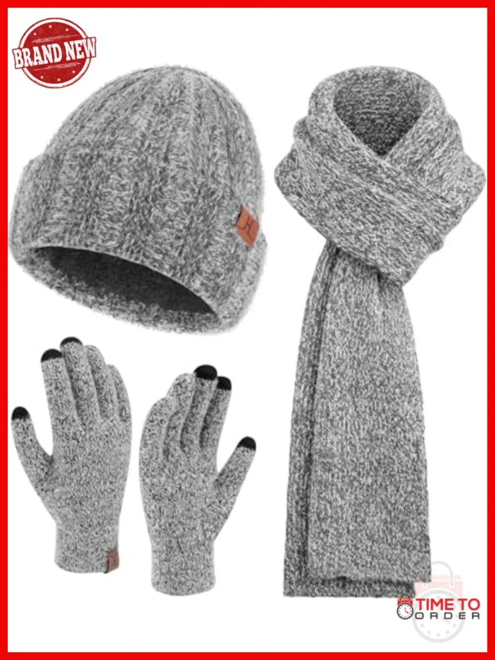 Winter Knit Beanie Hat Touchscreen Gloves Long Neck Scarf Set with Fleece Lined